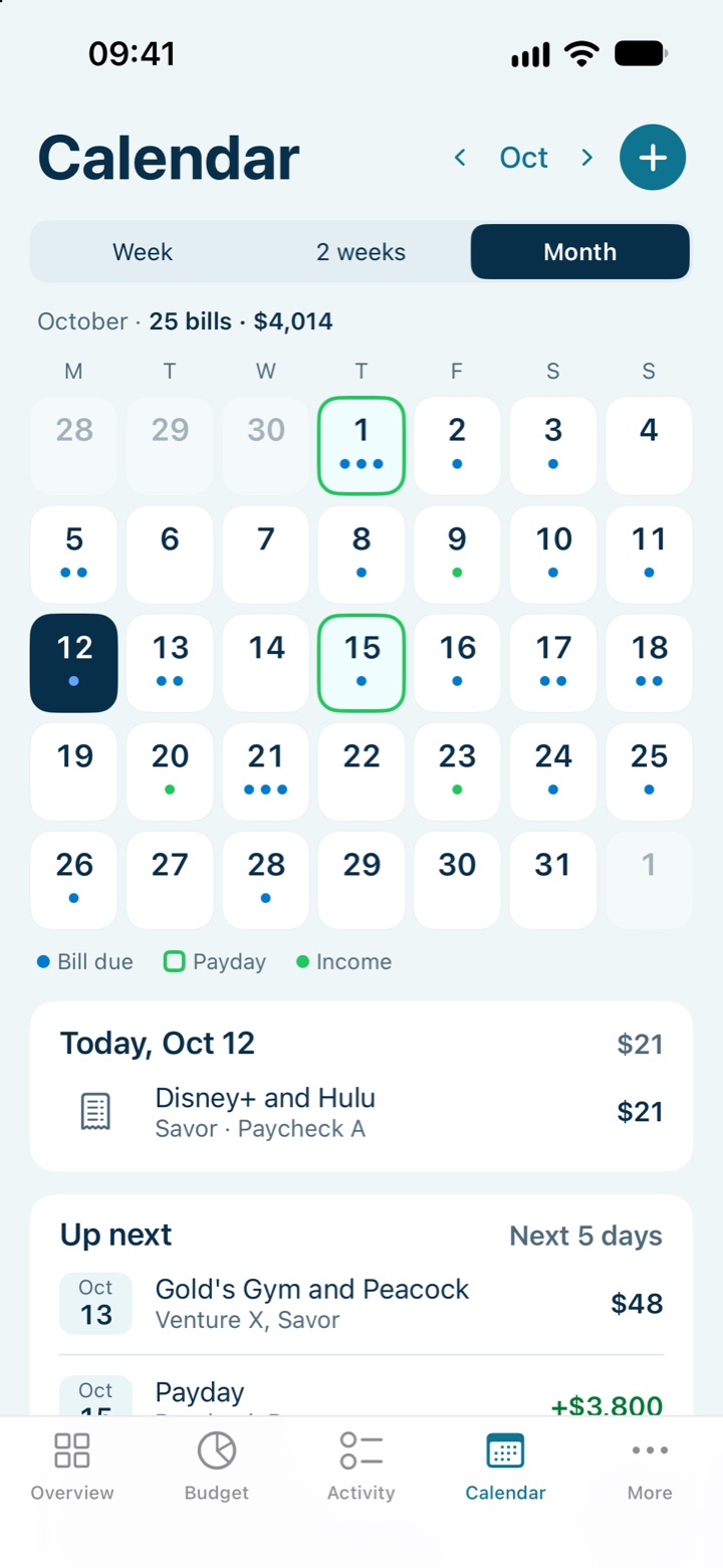 Ledgium’s Calendar: October with bills marked on their due days, paydays on the 1st and 15th, other income, and the bills coming up next.